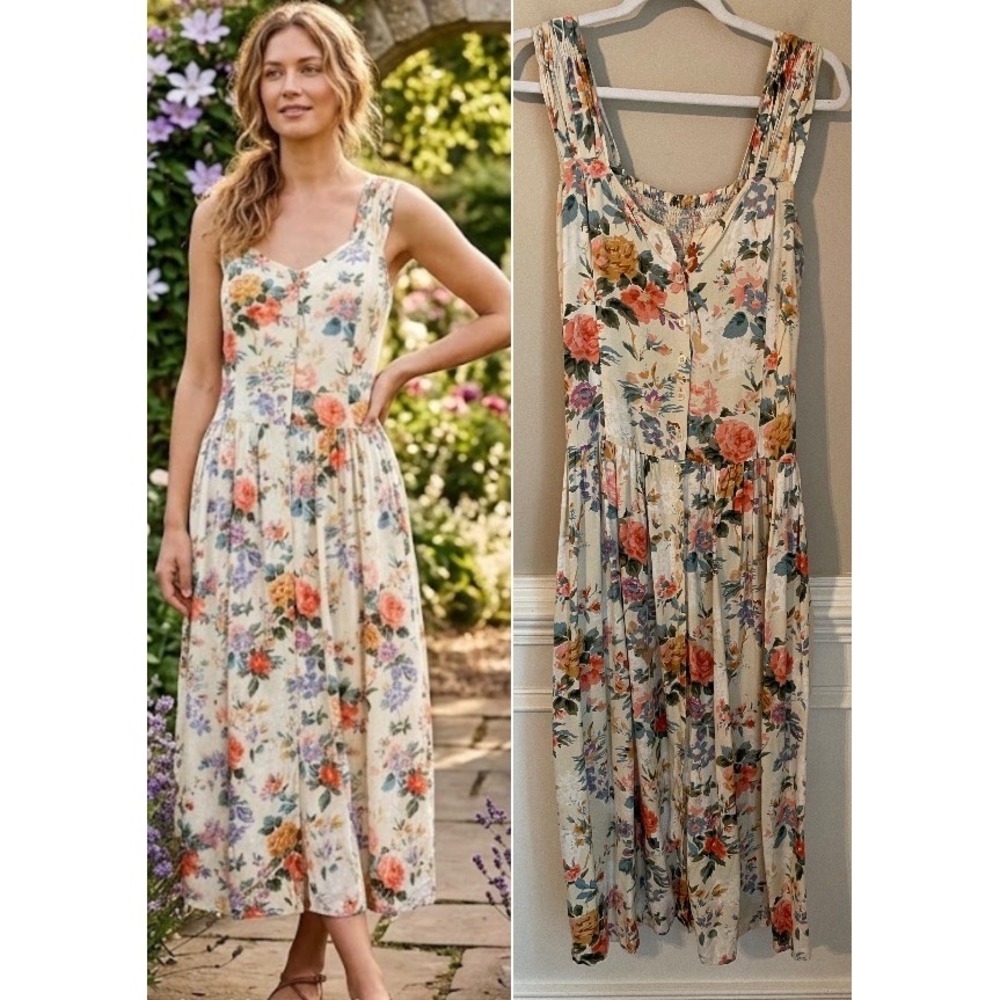 Boutique Europa Vintage 90s Floral Midi Dress Cream Size 4 Cottagecore Romantic